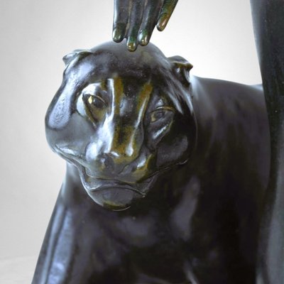 Donna e pantera - Bronzo di Albert Poncin (1877-1954), influenza Art Déco