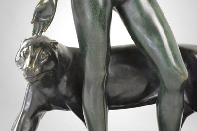 Donna e pantera - Bronzo di Albert Poncin (1877-1954), influenza Art Déco