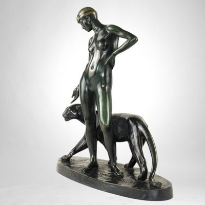 Donna e pantera - Bronzo di Albert Poncin (1877-1954), influenza Art Déco