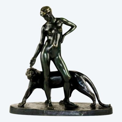 Donna e pantera - Bronzo di Albert Poncin (1877-1954), influenza Art Déco