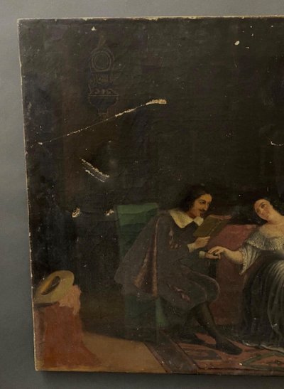 Olio su tela scena d'interno XVII secolo XIX secolo coppia di cortigiani