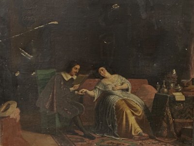 Olio su tela scena d'interno XVII secolo XIX secolo coppia di cortigiani