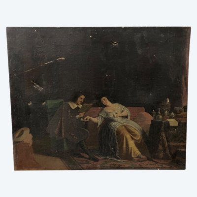 Olio su tela scena d'interno XVII secolo XIX secolo coppia di cortigiani