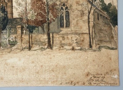 Acquerello su carta di Paul Wallon chiesa cimitero Ploujean 2 maggio 87