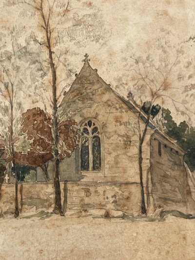Acquerello su carta di Paul Wallon chiesa cimitero Ploujean 2 maggio 87