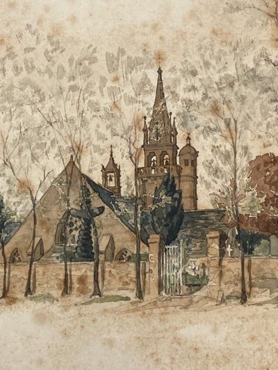 Acquerello su carta di Paul Wallon chiesa cimitero Ploujean 2 maggio 87