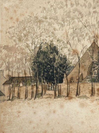 Acquerello su carta di Paul Wallon chiesa cimitero Ploujean 2 maggio 87
