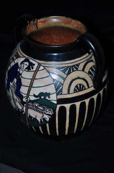 Vase Céramique Signé Odéta à Décor Champêtre Breton époque XXe Siècle