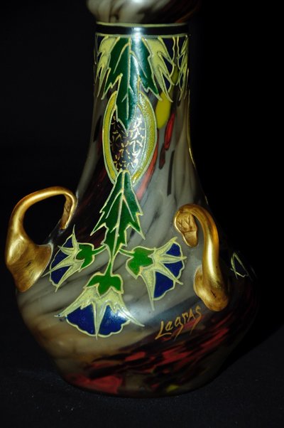 Legras enamelled glass vase with plant decoration circa 1920
