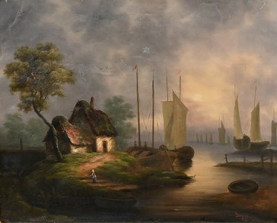 Bedeutendes Ölgemälde "Au bord de l'eau" signiert Dagny - Anfang XIX.