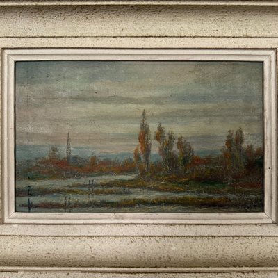 Olio su tavola di R. Holvoet paesaggio sulle rive della Vire 1967
