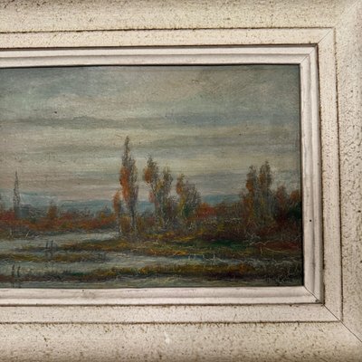 Olio su tavola di R. Holvoet paesaggio sulle rive della Vire 1967