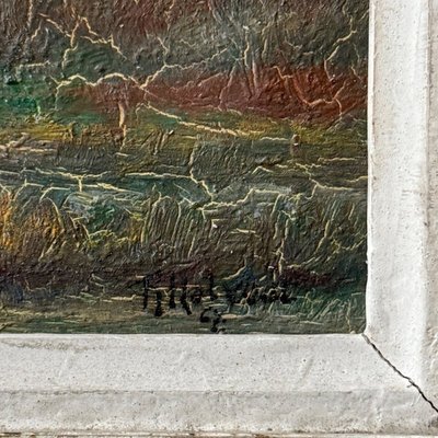 Olio su tavola di R. Holvoet paesaggio sulle rive della Vire 1967