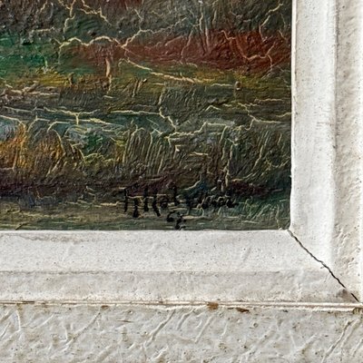 Olio su tavola di R. Holvoet paesaggio sulle rive della Vire 1967