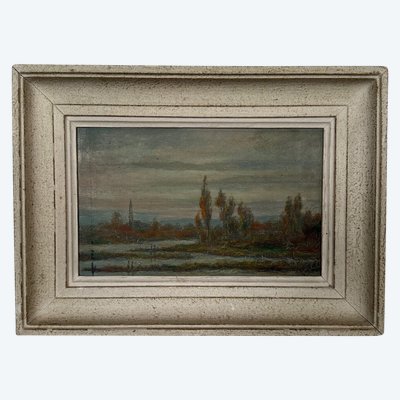 Olio su tavola di R. Holvoet paesaggio sulle rive della Vire 1967