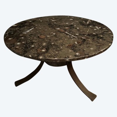 Coffee table with fossilized stone top and Brutalist legs 1970