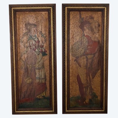 Pair of painted wood panels in the taste of the Haute Epoque, wood frame