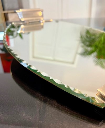 Art Deco Serving Tray With Mirror And Metal Handles - 20th century