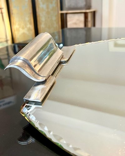 Art Deco Serving Tray With Mirror And Metal Handles - 20th century
