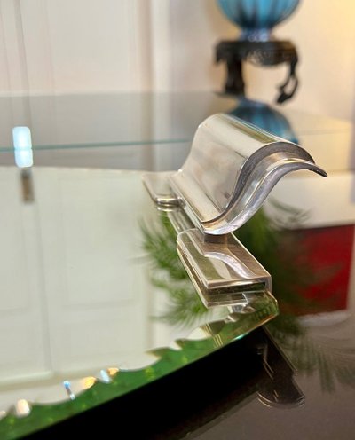 Art Deco Serving Tray With Mirror And Metal Handles - 20th century
