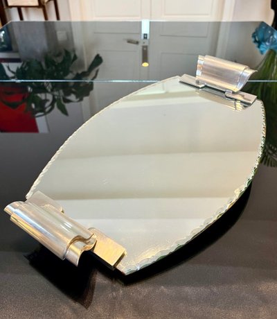 Art Deco Serving Tray With Mirror And Metal Handles - 20th century