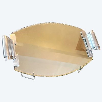 Art Deco Serving Tray With Mirror And Metal Handles - 20th century