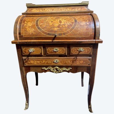 Schreibtisch mit Intarsien-Zylinder mit Blumendekor In Goldbronze gekleidet