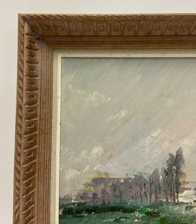 Oil on panel river landscape signed Grandjon 20th century