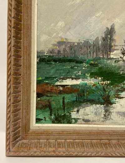 Oil on panel river landscape signed Grandjon 20th century