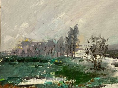 Oil on panel river landscape signed Grandjon 20th century