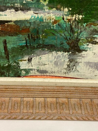 Oil on panel river landscape signed Grandjon 20th century