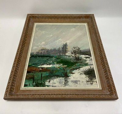 Oil on panel river landscape signed Grandjon 20th century