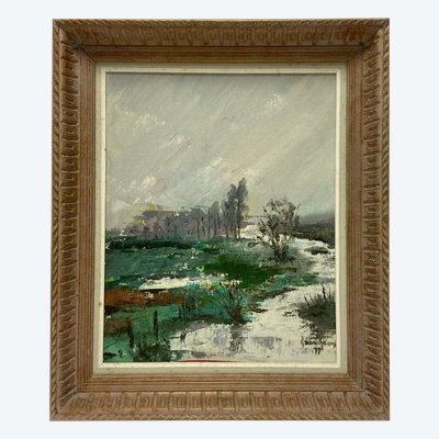 Oil on panel river landscape signed Grandjon 20th century