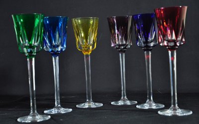 Six coloured crystal stemmed glasses signed Cristallerie de Sèvres Circa 1970/80