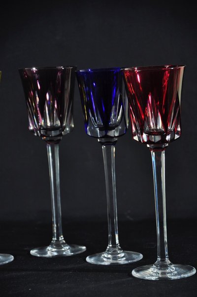 Six coloured crystal stemmed glasses signed Cristallerie de Sèvres Circa 1970/80
