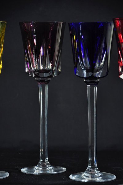 Six coloured crystal stemmed glasses signed Cristallerie de Sèvres Circa 1970/80