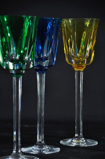 Six coloured crystal stemmed glasses signed Cristallerie de Sèvres Circa 1970/80