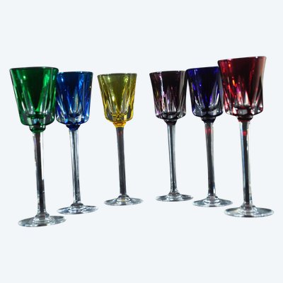 Six coloured crystal stemmed glasses signed Cristallerie de Sèvres Circa 1970/80