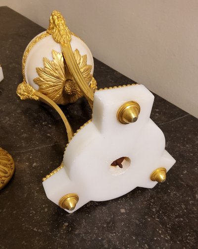 Pair of gilded bronze and white marble Cassolettes Trépied with satyrs in the Louis XVI style