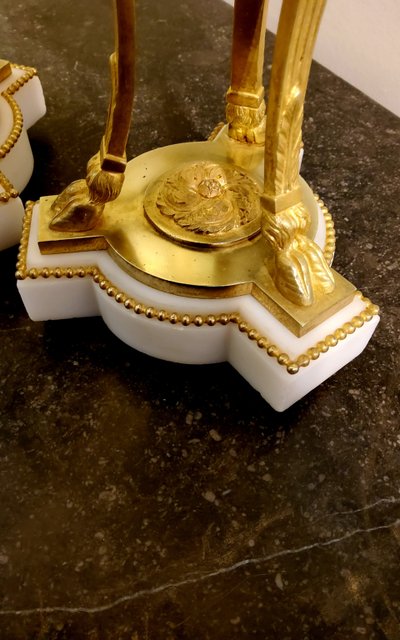 Pair of gilded bronze and white marble Cassolettes Trépied with satyrs in the Louis XVI style