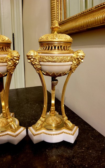 Pair of gilded bronze and white marble Cassolettes Trépied with satyrs in the Louis XVI style