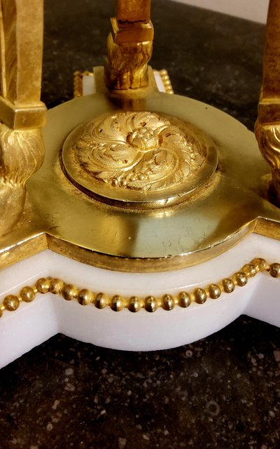 Pair of gilded bronze and white marble Cassolettes Trépied with satyrs in the Louis XVI style