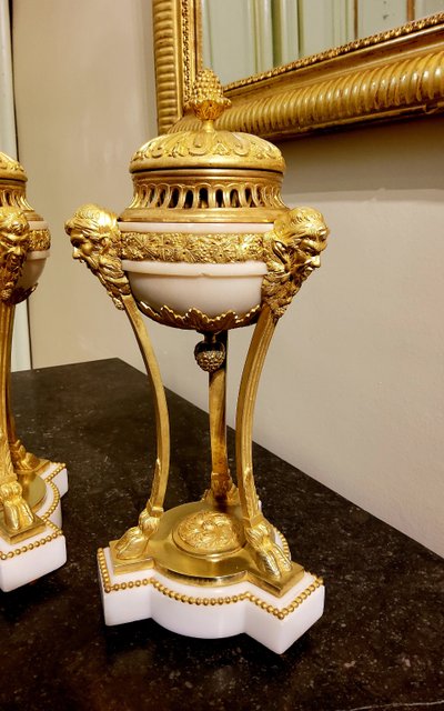 Pair of gilded bronze and white marble Cassolettes Trépied with satyrs in the Louis XVI style