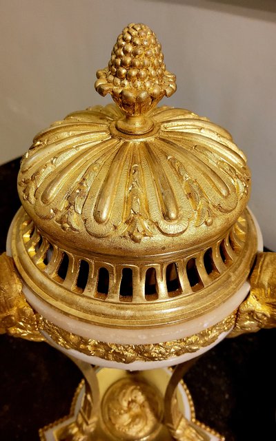 Pair of gilded bronze and white marble Cassolettes Trépied with satyrs in the Louis XVI style