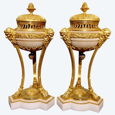 Pair of gilded bronze and white marble Cassolettes Trépied with satyrs in the Louis XVI style