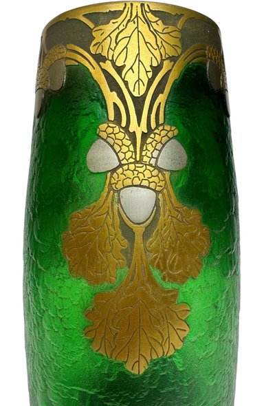 Legras Imperial Green Series vase with oak leaf design