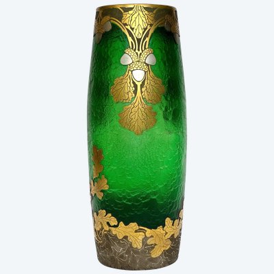 Legras Imperial Green Series vase with oak leaf design