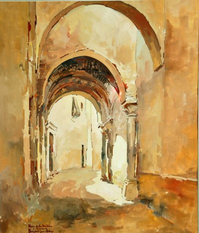 Gouache signée Théodore Jean Délaye représentant une rue voûtée