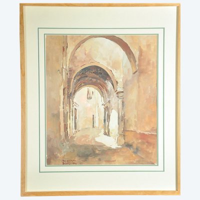 Gouache signée Théodore Jean Délaye représentant une rue voûtée
