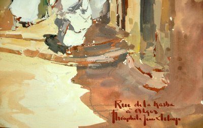Signierte Gouache Théophile Jean Delaye, die eine belebte Straßenszene darstellt